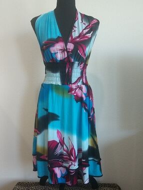 Bright Turquoise Floral Midi Dress with Pink Accents